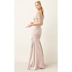 La Femme Blush Off-Shoulder Mermaid Evening Gown